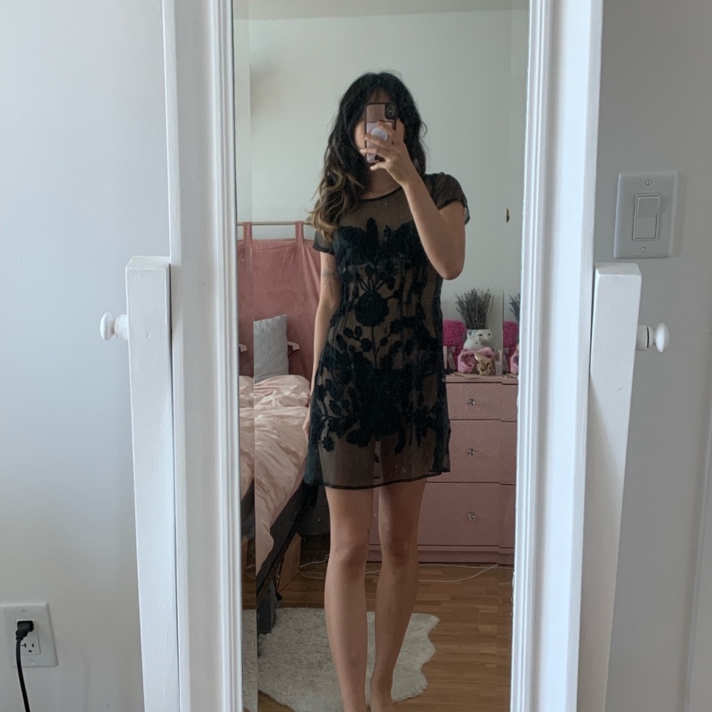 NWOT sheer silk embroidered sheath dress